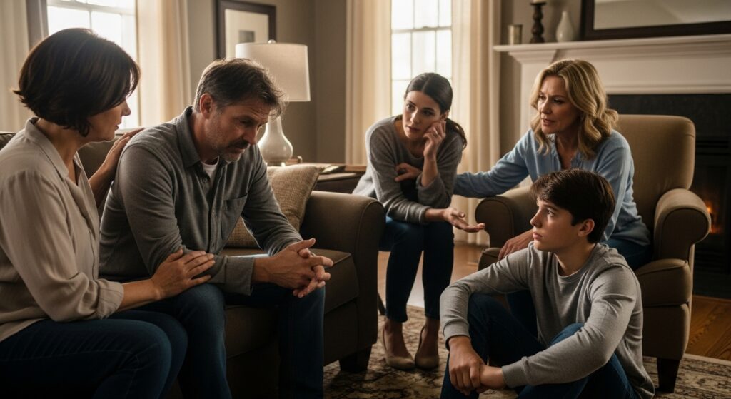 Família oferecendo apoio para ajudar um alcoólatra a aceitar tratamento.