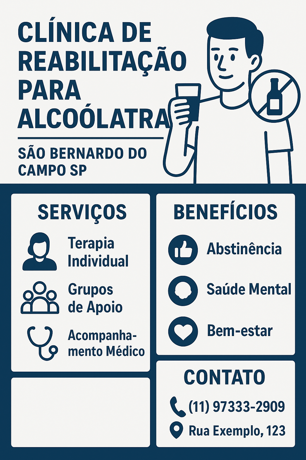Infográfico informativo sobre uma clínica de reabilitação para alcoólatras em São Bernardo do Campo SP, destacando serviços como terapia individual, grupos de apoio e acompanhamento médico, com benefícios como abstinência, saúde mental e bem-estar, além do contato telefônico (11) 97333-2909 e endereço para atendimento.