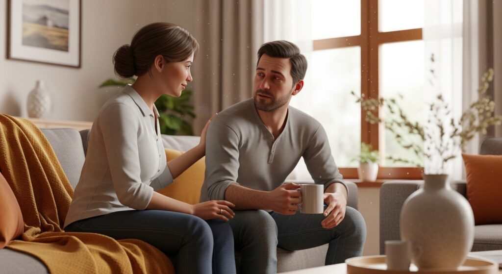 Amigo observando sintomas de abuso de álcool em familiar no dia a dia.
