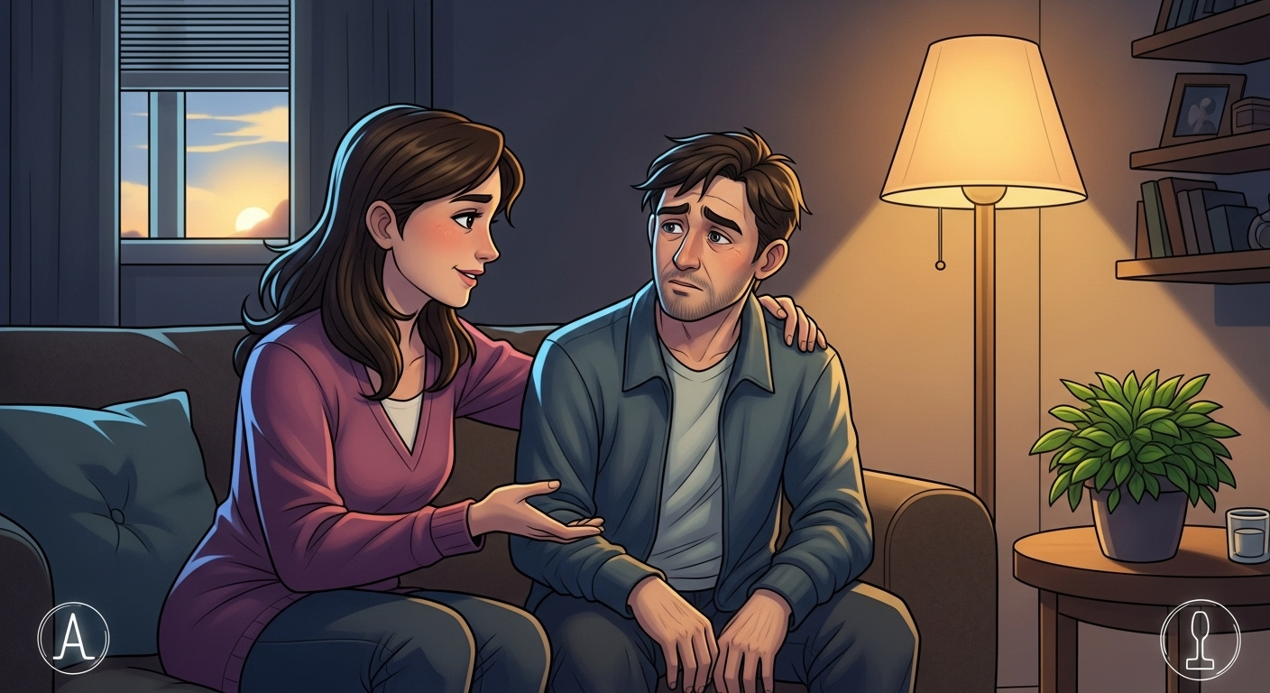 Pessoa oferecendo apoio emocional a um familiar com alcoolismo, representando empatia e acolhimento.