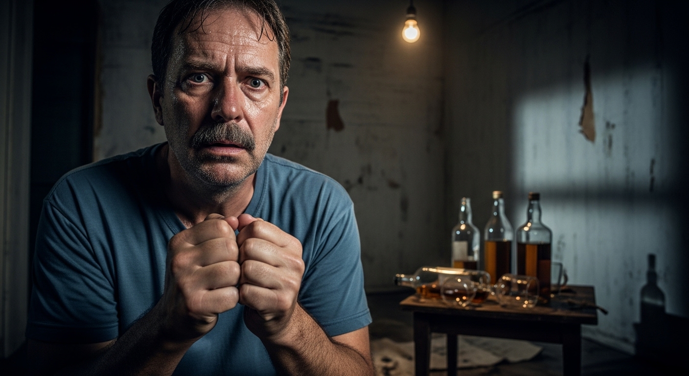 Pessoa apresentando sinais físicos de abstinência alcoólica.