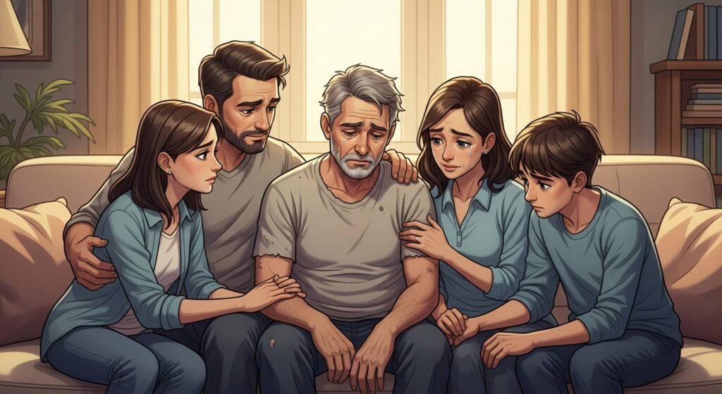 Família conversando de forma calma e acolhedora com um parente que enfrenta o alcoolismo