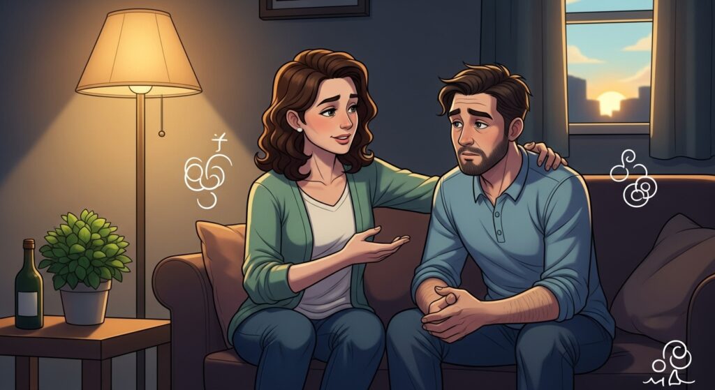 apoio terapêutico, mostrando um familiar incentivando outro a buscar tratamento para alcoolismo.