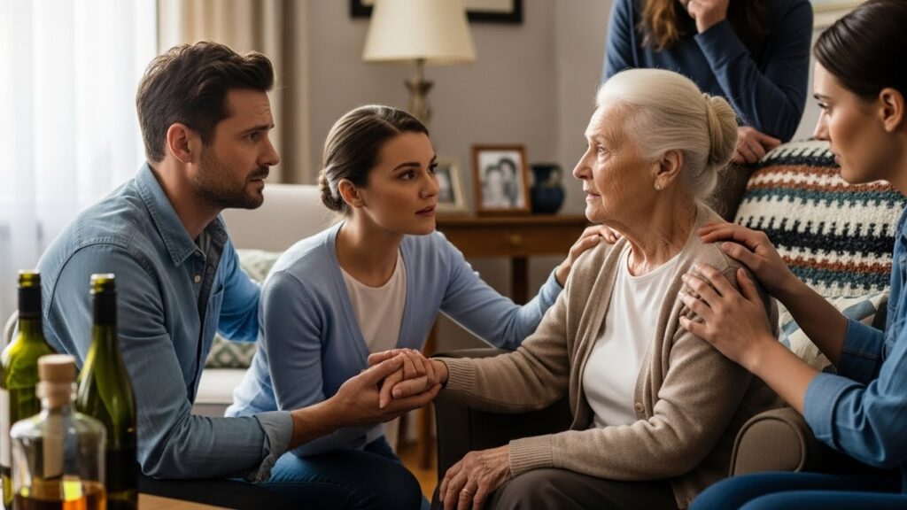 Família conversando com idoso sobre tratamento do alcoolismo.