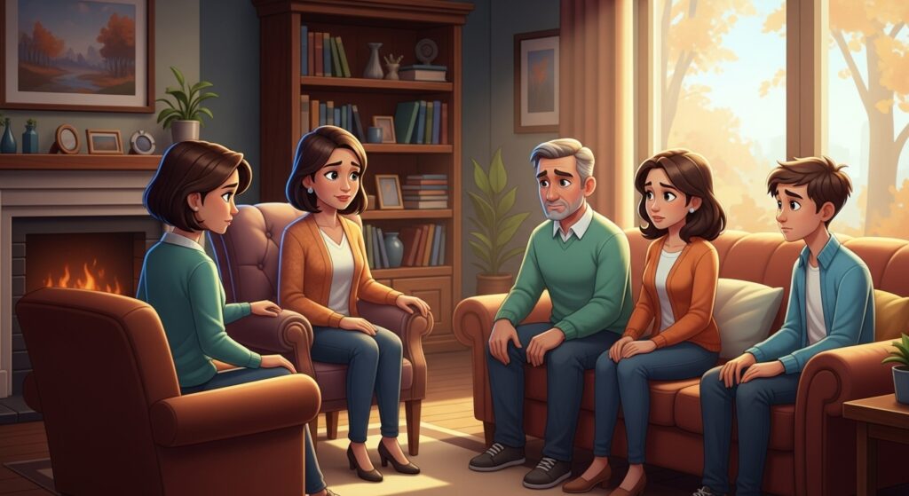 Família preocupada conversando com parente alcoólatra no sofá