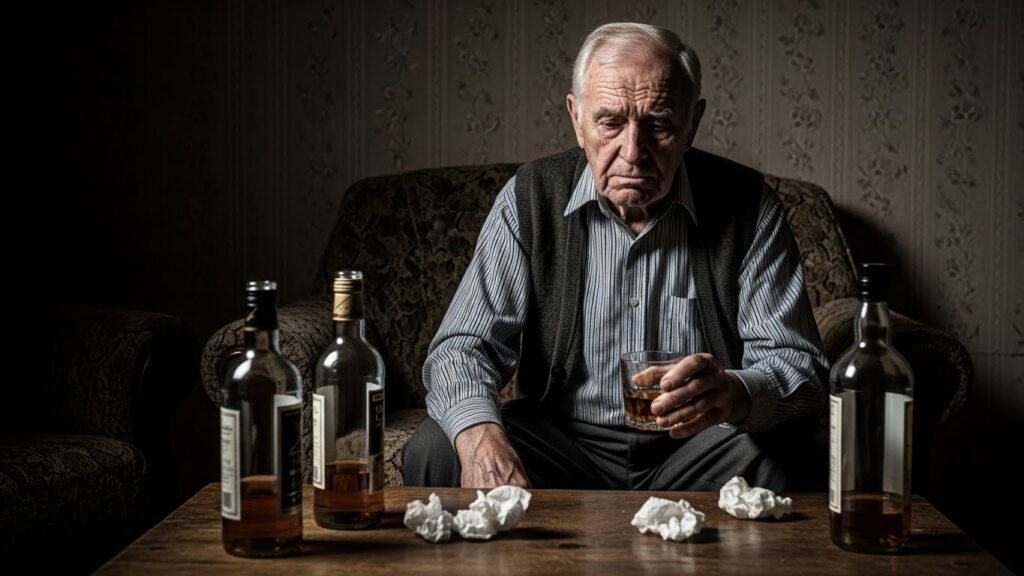 Idoso sozinho refletindo sobre consumo de álcool.