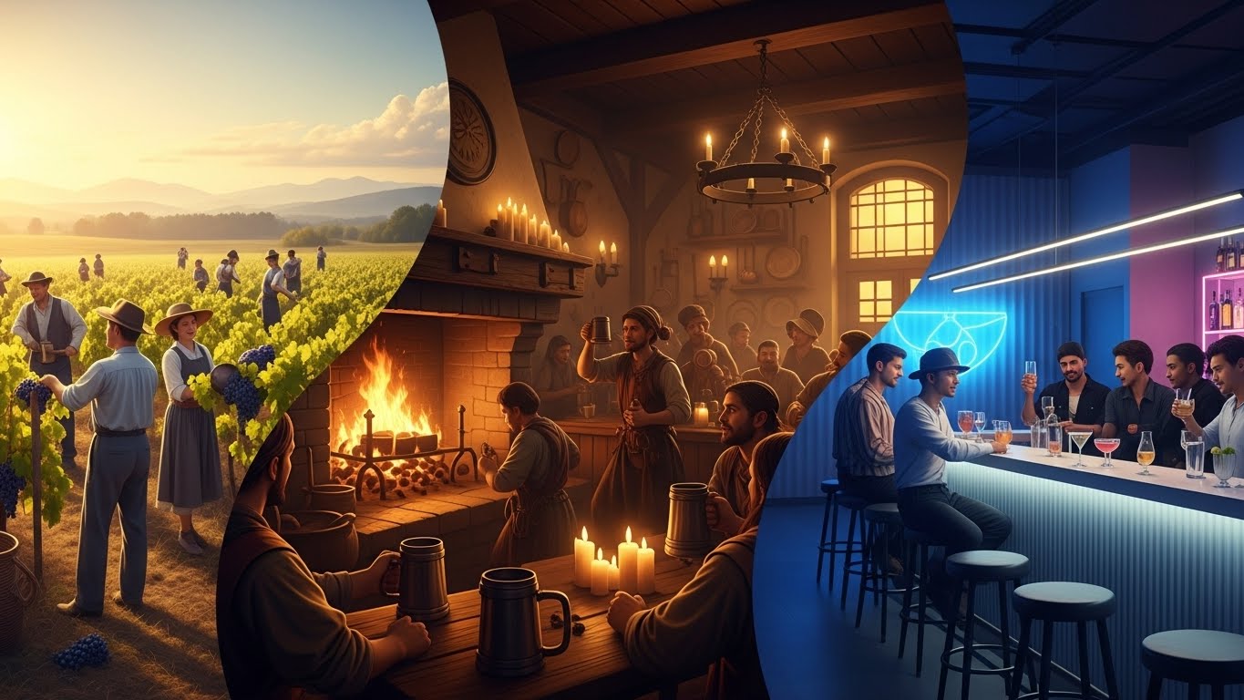 Bebidas alcoólicas antigas e modernas representando a história do álcool