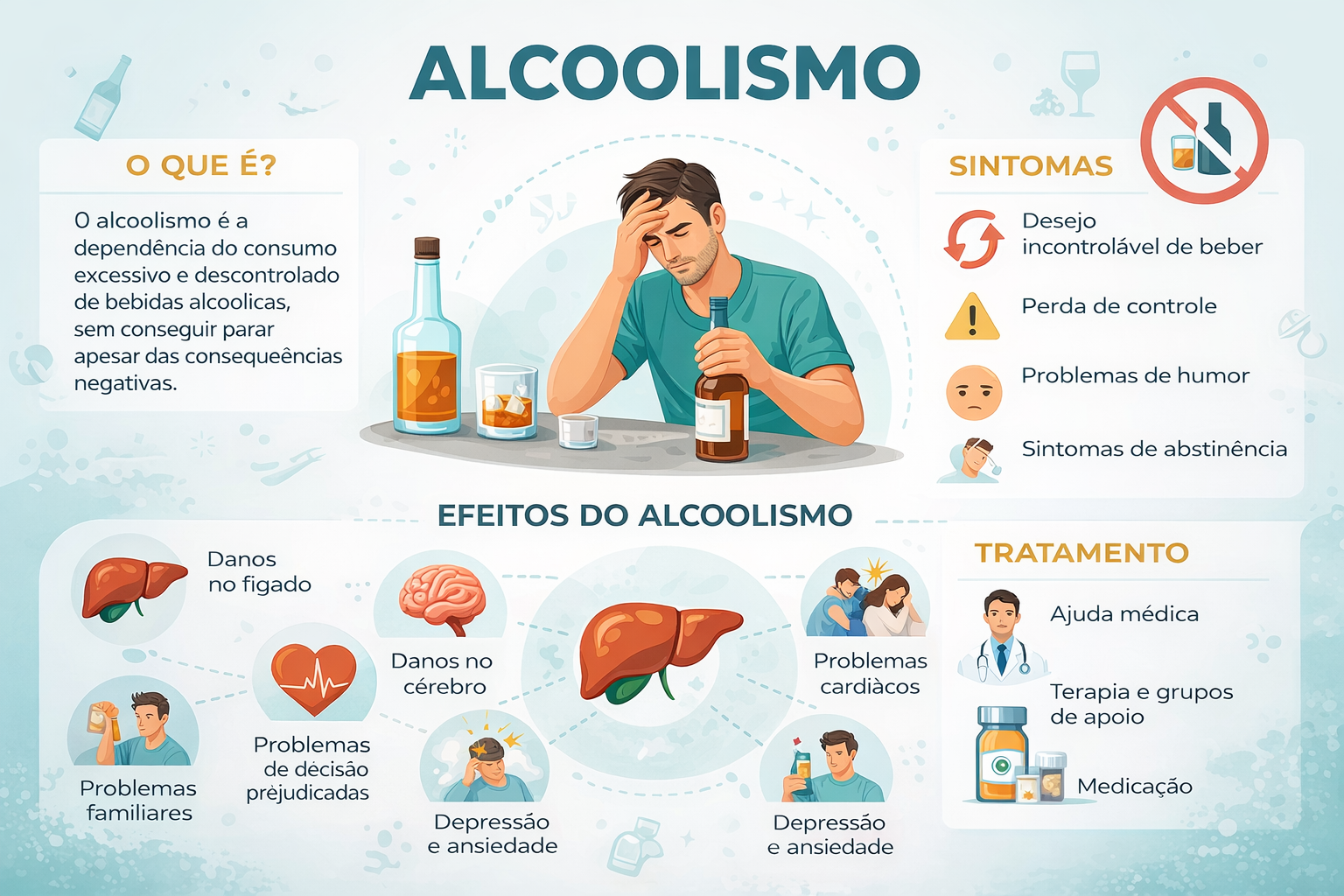 Infográfico sobre alcoolismo com sintomas, consequências na saúde e opções de tratamento