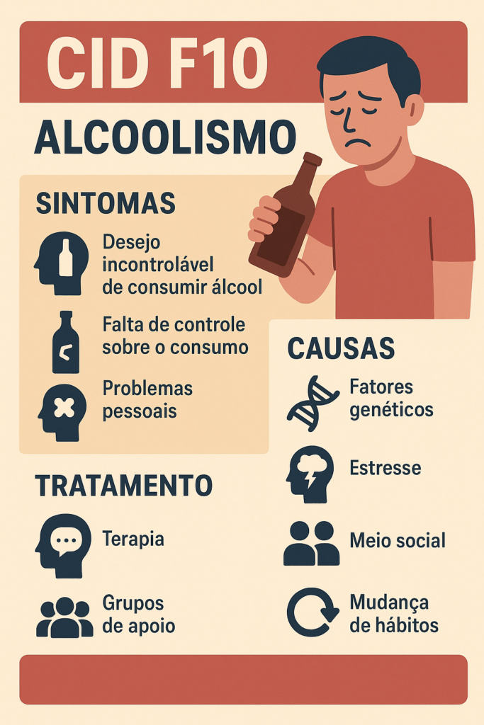 Infográfico sobre CID F10 alcoolismo com sintomas, causas e opções de tratamento.
