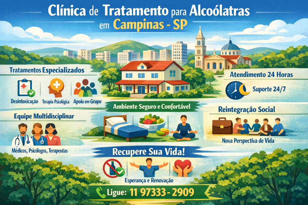 Infográfico de clínica de tratamento para alcoólatras em Campinas SP com atendimento 24 horas