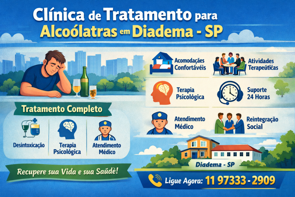 Infográfico de clínica de reabilitação para alcoólatras em Diadema SP com serviços terapêuticos