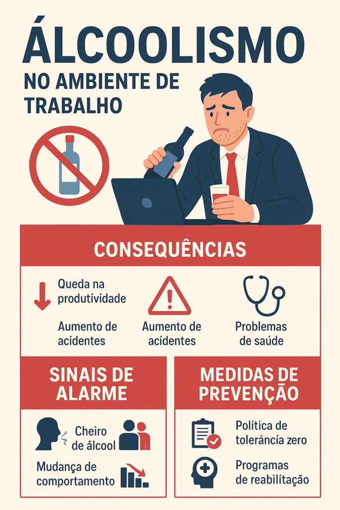Infográfico mostrando sinais, consequências e prevenção do alcoolismo no trabalho
