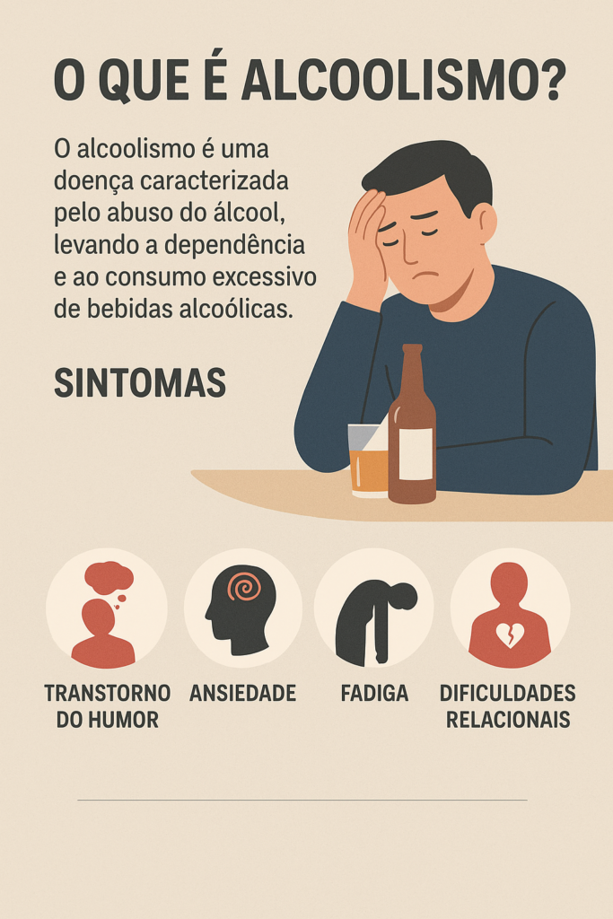 Infográfico explicativo sobre o que é alcoolismo, mostrando definição da doença e principais sintomas.