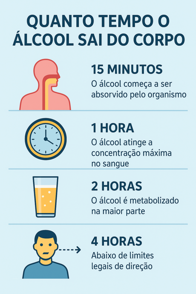 "Infográfico em português explicando quanto tempo o álcool leva para sair do corpo. Mostra quatro etapas: aos 15 minutos, o álcool começa a ser absorvido pelo organismo; em 1 hora, atinge a concentração máxima no sangue; em 2 horas, grande parte é metabolizada; em 4 horas, a quantidade já está abaixo dos limites legais para dirigir. Inclui ícones ilustrativos de corpo humano, relógio, copo de bebida e pessoa