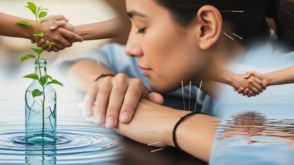 tratamento alcoolismo com acupuntura e terapias alternativas, mostrando um paciente relaxado durante sessão de acupuntura como suporte complementar na recuperação do alcoolismo.