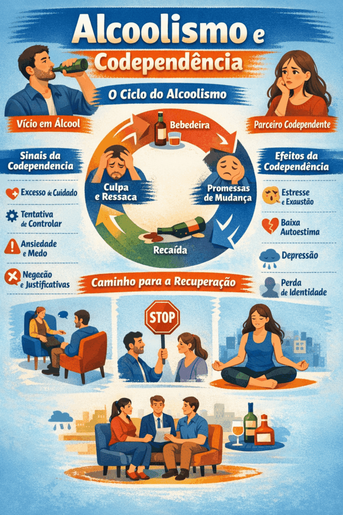 Infográfico sobre alcoolismo e codependência com ciclo, sinais e recuperação