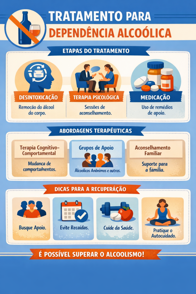 Infográfico sobre tratamento da dependência alcoólica com etapas de recuperação e apoio terapêutico