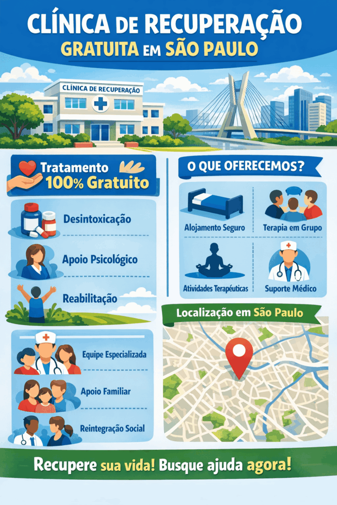 Infográfico sobre clínica de recuperação gratuita em São Paulo com tratamento e apoio terapêutico