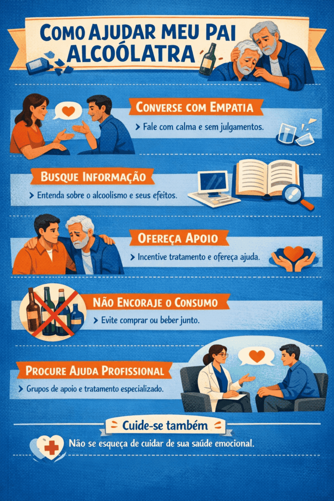 Infográfico sobre como ajudar pai alcoólatra com apoio e orientação