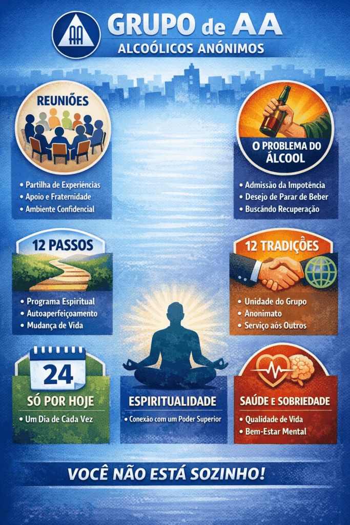 Infográfico sobre Grupo de AA e apoio na recuperação do alcoolismo