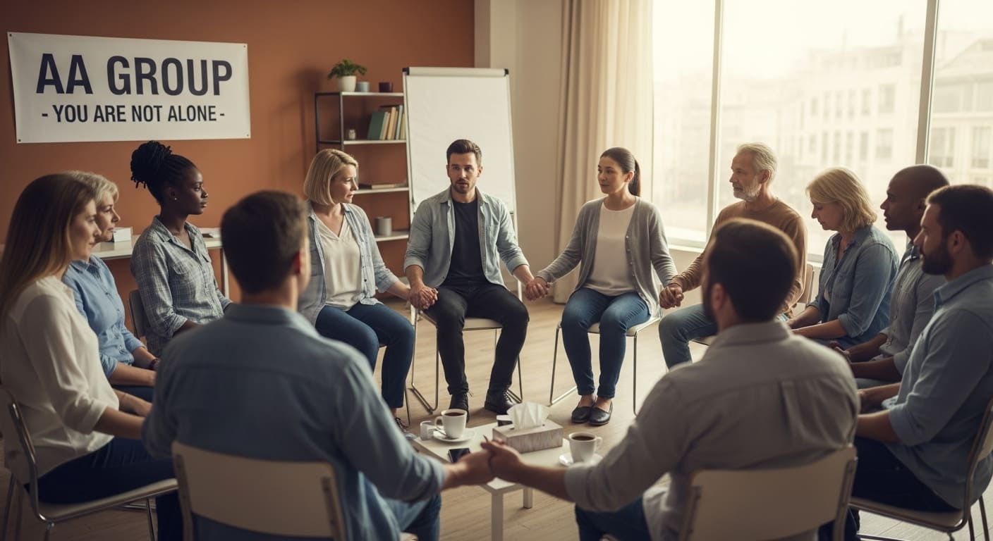 grupo de apoio AA ajudando pessoas na recuperação do alcoolismo