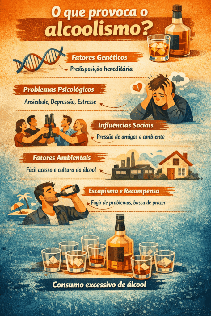Infográfico explicando o que provoca o alcoolismo e seus principais fatores