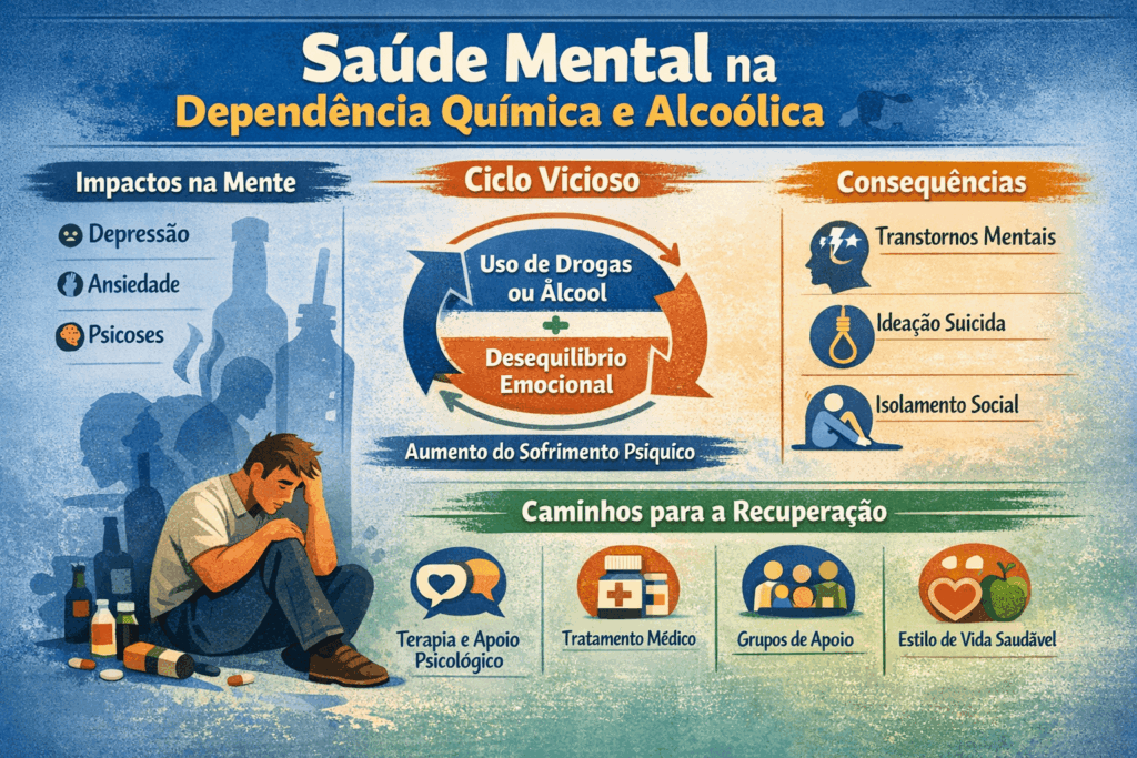 Infográfico sobre saúde mental na dependência química e alcoolismo