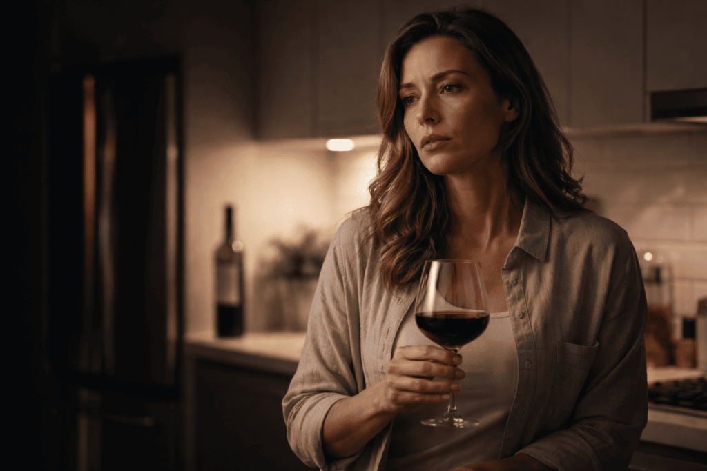 Mulher adulta em ambiente doméstico noturno com expressão de cansaço emocional segurando vinho, ilustrando alcoolismo funcional