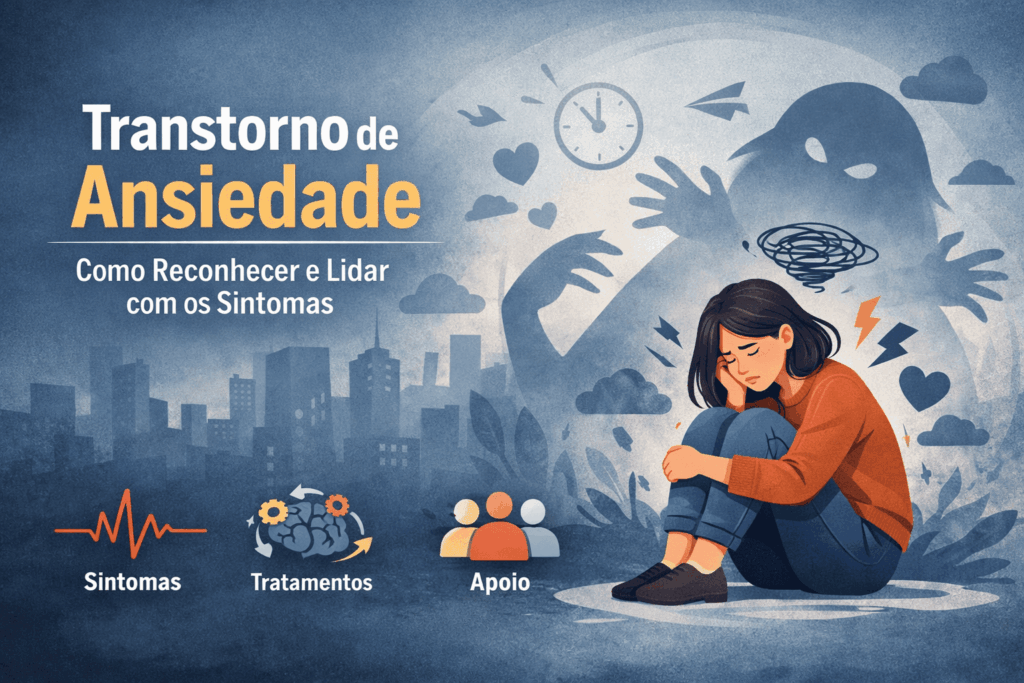 turbilhão mental causado pela ansiedade, representado por uma cabeça humana com símbolos de estresse.