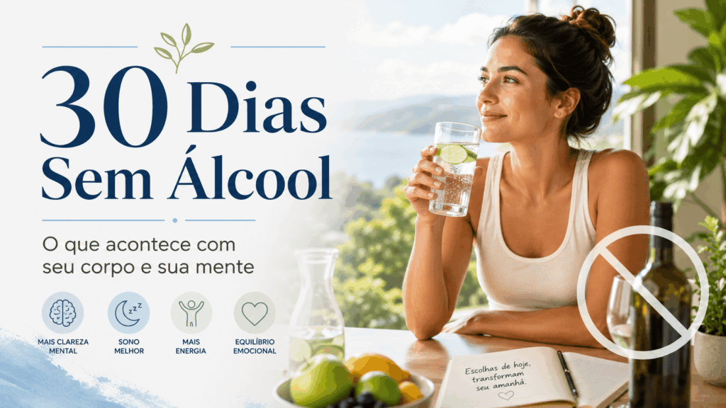 Mulher bebendo água e mostrando benefícios de ficar sem álcool