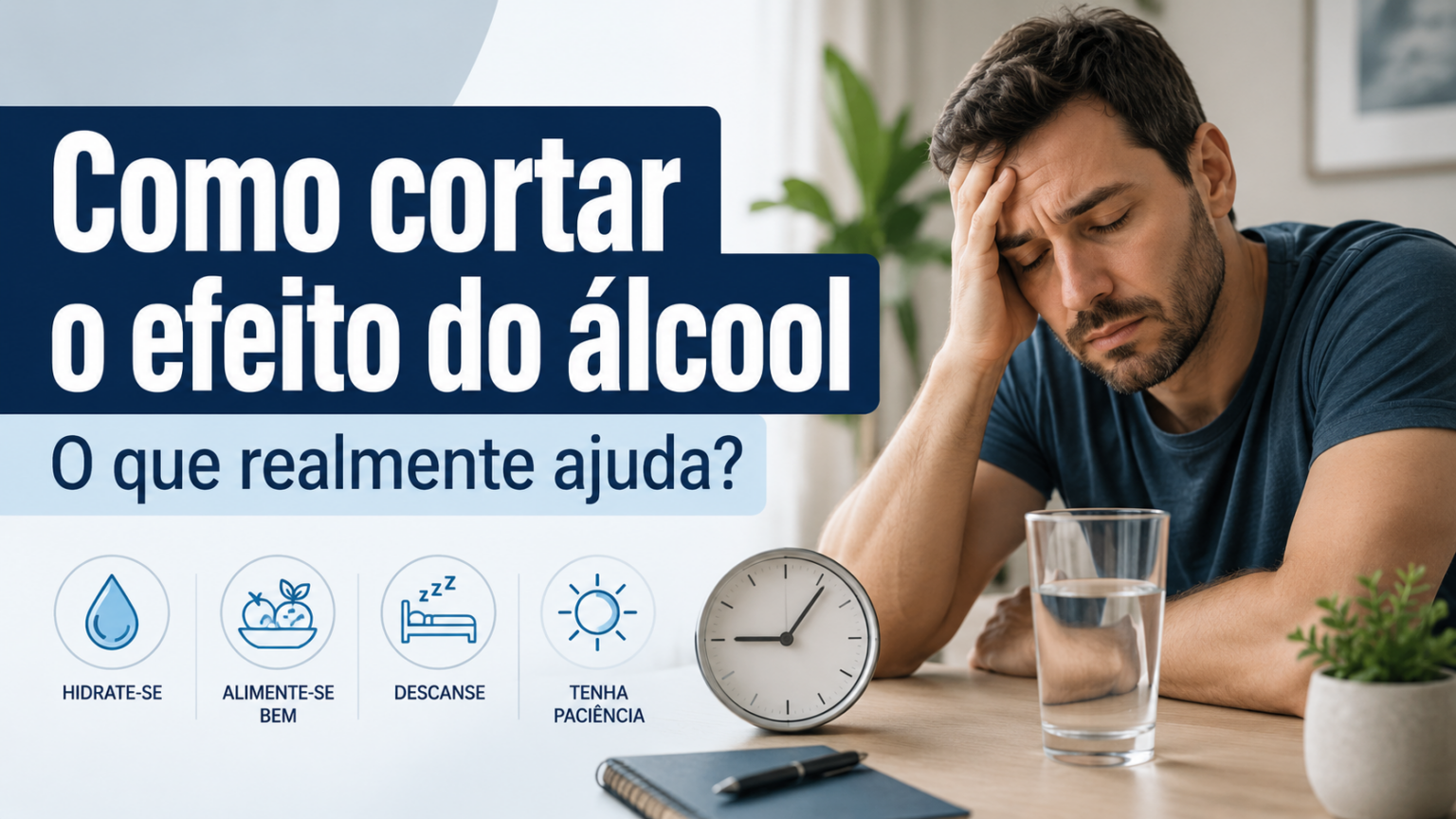 Pessoa com mal-estar ao lado de água e relógio, ilustrando como cortar o efeito do álcool.